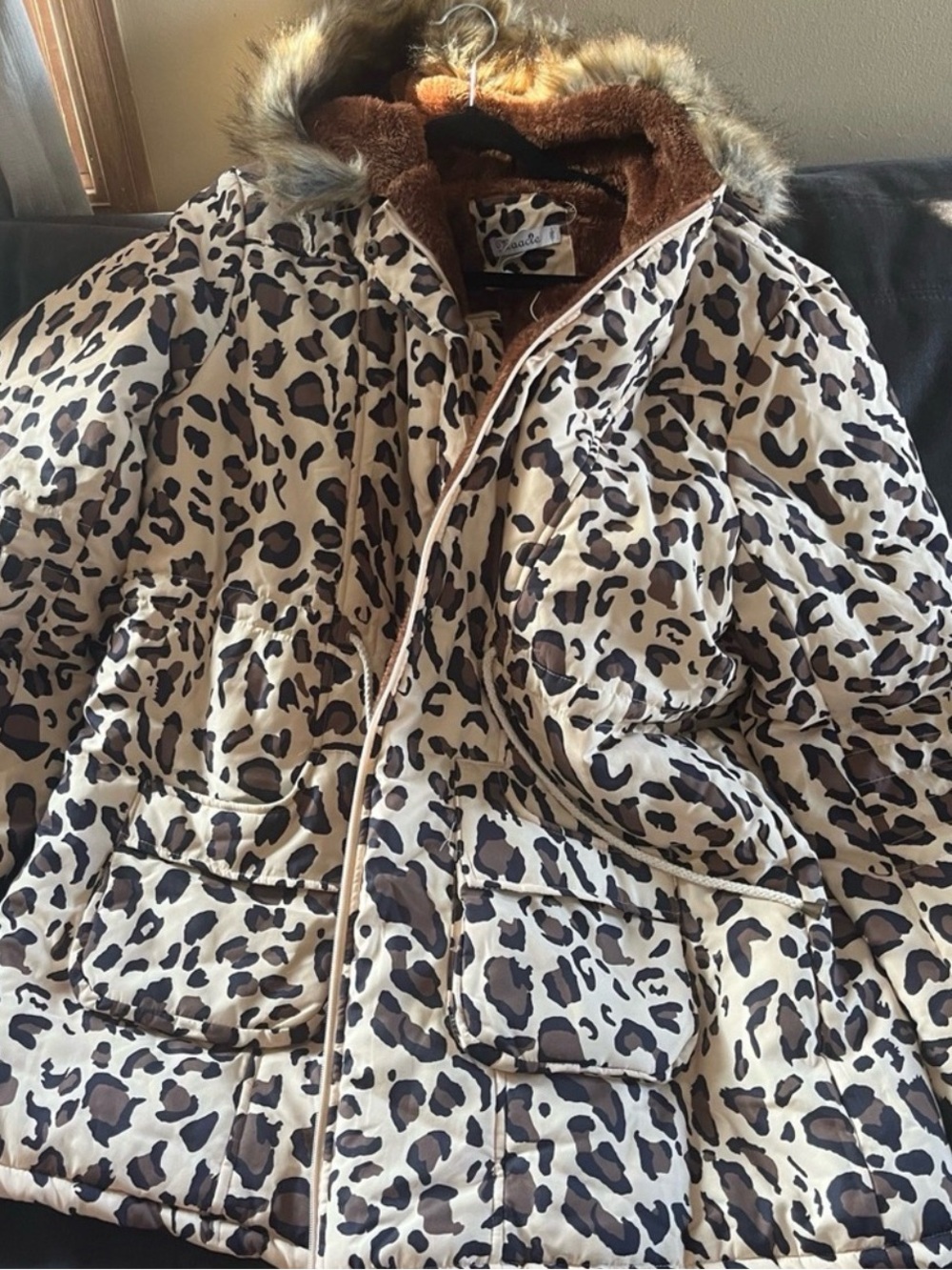 Women's Leopard Print Faux-Fur Hooded Puffer Coat maternity